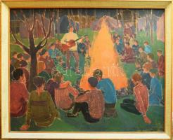 Laki Ida (1921-2015): Zenélő társaság a tábortűznél. Olaj, vászon, farost, jelzett. Apró felületi sérüléssel. Fakeretben, 82×102 cm. KIZÁRÓLAG SZEMÉLYES ÁTVÉTEL, NEM POSTÁZZUK! / ONLY PERSONAL COLLECTION AT OUR OFFICE!