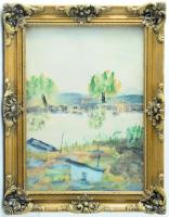 Jelzés nélkül (Rácz István?): Halásztanya. Akvarell, papír. Dekoratív, üvegezett fakeretben, 32,5×23,5 cm.