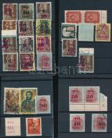 1945-1946 28 db inflációs bélyeg elcsúszott felülnyomatokkal és festékezési hibákkal, 4 kis stecklapon