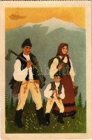 Csík-Háromszék, Ciuc-Trei Scaune; Csík-Háromszéki népviselet, folklór. Kiadja a Székely Egyetemi és Főiskolai Hallgatók Egyesülete / Hungarian irredenta art postcard, folklore, costumes of Trei Sacune s: Szilágyi J. - képeslapfüzetből / from postcard booklet (Rb)