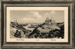 Lippa, Lipova; Solymosi vár, Lippa és a Maros folyó, Máriaradnai kegytemplom. Kiadja Rauch Sándor Györ és Mária / Soimos castle, Lipova with Mures river, pilgrimage church in Radna