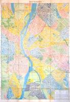 [Térkép] Nagy-Budapest térképe. Mértéke: 1:18,000 - 1:22,000. (1942 körül). Budapest, [1942 körül]. Aczél Testvérek - Közlekedési Nyomda Rt. Színes térkép, mérete: 925x660 mm egy 995x685 mm méretű térképlapon. A Stoits György által tervezett közlekedésföldrajzi térkép a 14 kerületre osztott város belterületét ábrázolja a kapcsolódó településekkel. Enyhén torzított térképünkön a középső részek, a tágabban értelmezett belváros nagyobb részletességgel szerepelnek. Kerületi színezésű lapunkon Békásmegyer és Káposztásmegyer déli határa, illetve Nagytétény és Soroksár északi határa. Évszámjelzés nélkül kiadott térképünk készültének évét néhány politikailag motivált névadás és névváltoztatás önmagában is orientálja (Mussolini tér 1936, Horthy Miklós híd 1937, Magdolnaváros 1937, Hitler tér 1938), pontos évszámadatát könyvészeti adatok alapján azonosítottuk. A vasúthálózaton kívül térképünk feltünteti a villamos- és autóbusz-hálózatot, a HÉV-ek vonalát, a hajóállomásokat, s földalatti villamost. A színházakat, múzeumokat, kórházakat és a keresztény templomokat piktogram jelöli. A bal felső sarokban a Vár, a jobb felső sarokban a Belváros melléktérképe, jelmagyarázat és kolofon a jobb alsó sarokban. Fabó-Holló 2923. Jó állapotú térkép, hajtogatva, hátoldalán apró foltossággal.