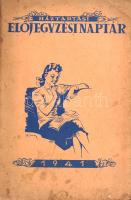 Háztartási előjegyzési naptár. Szerkeszti: Ráth Sándor. (1941). (Budapest), [1940]. (Globus Nyomdai Műintézet Rt.) 64 p. Gönczi Gebhardt Tibor grafikusművész szövegközti rajzaival, karikatúráival gazdagon illusztrált háztartástani és gasztronómiai kalendáriumunk különös erővel ajánlja modern olvasói figyelmébe a villanyárammal működő háztartási gépek: villanysütők, villamos főzőlapok, hirtelenforralók, villanybojlerek, ventilátorok, hűtőgépek, villanyvasalók, varrógépek, porszívók egész seregét. Felhívja továbbá olvasói figyelmét a kivilágított konyha és lakás fontosságára. Hazafias tartalomként az előző évben visszatért Erdély számos látnivalóját közli képekben, rövidebb életmódtippeket ad, valamint receptekkel szolgál. Naptárkiadványunk két rövidebb novellája Bozzay Margittól és Vaszary Gábortól való. A címlapon és a leveleken felül kisebb, halvány foltosság, példányunk fűzése a borítónál meggyengült. Horváth 576. Fűzve, illusztrált, enyhén sérült, foltos kiadói borítóban.