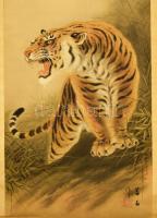 Olvashatatlan jelzéssel, távol-keleti alkotó: Tigris. Akvarell, selyem, papírra kasírozva. Feltekerv...