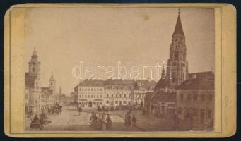 cca 1865 Kolozsvár (Cluj), látkép a Szent Mihály-templommal és a Pannonia szállodával, keményhátú fotó Tauffer Gyula kolozsvári műterméből, kissé foltos, egyik sarka kissé sérült, 6x10,5 cm