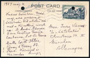 1957 Fenyő Miksa (1877-1972) író, a Nyugat alapító főszerkesztője, mecénás autográf képeslapja, aláírásával Vámos Imre (1927-1993) író, újságíró, a Látóhatár szerkesztője részére. "Kedves barátom,..." megszólítással, a Látóhatár példányainak postázása ügyében kát párizsi címre ügyében. Róma, 1957. jún. 3. Lyukasztva.