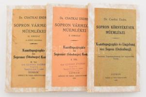 Csatkai Endre, Dr.: Sopron környékének műemlékei I.-II.-III.. Sopron, 1932. Székely és társa. 112 p. + 8 t. , 118 p. + 6 t , 223 p. + 30 t. . I.: Kunsttopographie der Umgebung von Sopron. (Oedenburg). II. sorozat. Kunsttopographie des Soproner (Ödenburger) Komitates. Sopron, III. sorozat. Kunsttopographie des Soproner (Ödenburger) Komitates. Átkötött modern kartonálásban, az eredeti papírborítók felhasználásával. Térképekkel, képekkel gazdagon illusztrált.