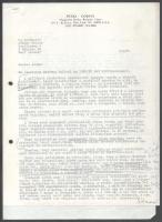 1987 Püski Sándor (1911-2009) könyvkiadó gépelt levele, autográf aláírásával Molnár József (1918-2009) emigráns magyar népi író, folyóirat-szerkesztő, könyvkiadónak, az Új Látóhatár kiadója-szerkesztője részére, fejléces papíron, egy oldal. Hozzá csatolva Molnár József egy oldalas válaszlevelének fénymásolata. A tételhez tartozik "Feljegyzés egy magyar jellegű maerikai kultúrláis vállakozás ügyében" c. memorandum, 3 géppel írt oldal, Püski Sándor és Andrew Hamza autográf aláírásával. Lyukasztva.