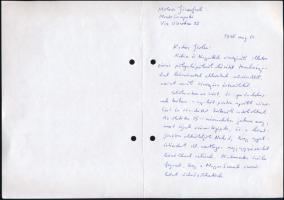 1998 Kodolányi Gyula (1942-) Kossuth-díjas költő, műfordító, irodalomtörténész sajátkezű levele, autográf aláírásával Molnár József (1918-2009) emigráns magyar népi író, folyóirat-szerkesztő, könyvkiadó részére, két beírt oldal, lapszéli lyukasztással.