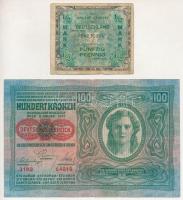 Ausztria 1919(1912) 100K vízszintes "DEUTSCHÖSTERREICH" felülbélyegzéssel, mindkét oldal német + Német Harmadik Birodalom / Szövetséges megszállás 1944. 1/2M T:F,VG Austria 1919(1912) 100 Kronen with horizontal "DEUTSCHÖSTERREICH" overprint, both sides in German + German Third Reich / Allied occupation 1944. 1/2 Mark C:F,VG Krause P#56, P#191a