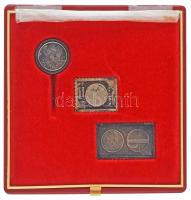 1980. "Szovjet-Magyar Közös Űrrepülés" jelzett Ag kitűző (8,20g/0.835/21,5mm) + "Szovjet-Magyar Közös Űrrepülés - V. Kubaszov - Farkas B. - L. Popov - V. Rjumin" jelzett Ag bélyegérem (3,30g/0.835/22x27mm) + "Szovjet-Magyar Közös Űrrepülés - L. Popov - V. Rjumin - V. Kubaszov - Farkas B. / Interkozmosz" jelzett Ag bélyegérem (4,60g/0.835/22x37mm) a három együtt sérült eredeti tokban T:AU (eredetileg PP) patina