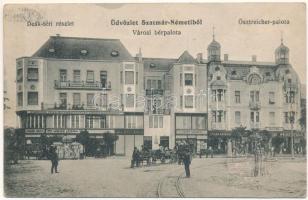 1914 Szatmárnémeti, Szatmár, Satu Mare; Deák tér, Városi bérpalota, Ösztreicher palota, Weisz Izsák, Perlstein, Fried Salamon, Weisz Gyula, Borgida Miklós üzlete, Fonciere Pesti Biztosító Intézet főügynöksége, Szalon kávéház. Weisz Zoltán kiadása / square, palace, shops, insurance company, café (ázott / wet damage)