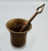 Bronz mozsár, fülhiánnyal, sérüléssel, m: 10 cm, törő h: 22 cm