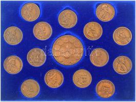 Tóth Sándor (1933-2019) 1982-1990. "MÉE Hajdú-Bihar Megyei Szervezete (Debrecen) - Erdélyi Fejedelmek" sorozat teljes, 15(+1)db-os bronz emlékérem szettje a záróéremmel együtt, éremtartó tálcában! T:UNC,AU / Hungary 1982-1990. "MÉE (Hungarian Numismatic Collectors Society) Hajdú-Bihar County Organization - Debrecen / Princes of Transylvania" complete series, 15(+1)pcs bronze medallion set with the closing medallion, in a medal tray! Sign: Sándor Tóth (1933-2019) C:UNC,AU