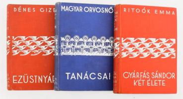 3 kötet a Magyar Asszonyok könyve sorozatból: Ritoók Emma: Gyárfás Sándor két élete. + Dénes Gizella: Ezüstnyárfák. + Madarász Erzsébet - Gőczyné Haviár Margit - Hollné Bernovits Mária: Magyar orvosnők tanácsai nők számára. Bp., é.n., Magyar Asszonyok Nemzeti Szövetsége. Kiadói egészvászon-kötés, kissé kopottas borítókkal és gerincekkel.