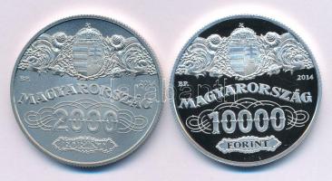 2014. 2000Ft Cu-Ni "90 éves a Magyar Nemzeti Bank" kapszulában + 10.000Ft Ag "90 éves a Magyar Nemzeti Bank" kapszulában T:BU,PP  Adamo EM272, EM273