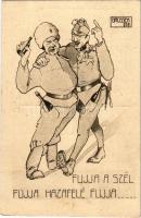 Fújja a szél, fújja hazafelé fújja... Békekarikatúrák / WWI Hungarian military art postcard, peace propaganda s: Brossek O. (EK)