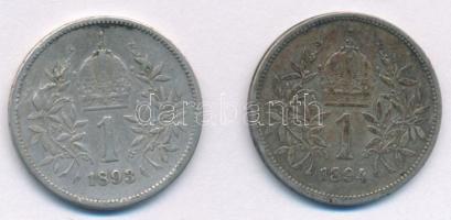 Ausztria 1893-1894. 1K Ag "Ferenc József" (2xklf) T:F ph., patina Austria 1893-1894. 1 Corona Ag "Franz Joseph" (2xdif) C:F edge error, patina Krause KM#2804