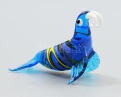 Iparművész üveg rozmár figura, anyagában színezett, hibátlan, h. 6 cm