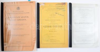 Vegyes különféle őskori témával foglalkozó különlenyomat, 3 db:   Vadász M. Elemér: Őslánytani adatok Belső-Ázsiából. Különlenyomat a M. Kir. Földtani Intézet évkönyve XIX. köt. 2. füzetéből. Bp., 1911, Franklin, 3+54-105+3 p.+3 t. + 1 (kihajtható térkép) t. Modern védőborítóban, benne a papírborítóval is, régi intézményi bélyegzésekkel, javított elülső papírborítóval, névbejegyzéssel.;  Platz Bonifác: A paläolith-ember. Értekezések a Társadalmi Tudományok Köréből XIV. köt. 9. sz. Bp., 1914, MTA, 72 p. Modern védőborítóban, benne a papírborítóval is, javított elülső papírborítóval.;   Hantken Miska: Hébert és Munier Chalmas közleményei a magyarországi ó-harmadkori képződményekről. Értekezések a a Természettudományok Köréből IX. köt. XII. sz. Bp., 1879, MTA, 32 p. + 2 t. Modern védőborítóban, benne a papírborítóval is, régi bélyegzésekkel, közte "Hivatalos M. T. Akadémia példány".