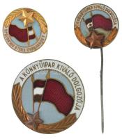 DN (~1960) "A Könnyűipar Kiváló Dolgozója" zománcozott fém jelvény, miniatűrrel és miniatűr kitűzővel (30mm ; 18mm ; 18mm) T:AU, a kitűző VF - pótolt tűvel