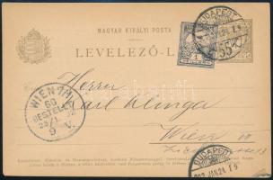 1902 Céglyukasztásos 1f Turul bélyeggel kiegészített díjjegyes levelezőlap Bécsbe