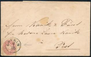 1865 5kr teljes tartalmú levélen "LOVRIN" - Pest, kézzel írt nap a bélyegzésben, 1865 5kr on cover with full content "LOVRIN" - Pest