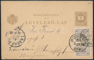 1896 2kr díjjegyes milleniumi képeslap 1kr pár osztrák bélyegekkel Bécsből Landauba