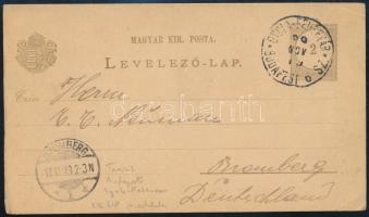 1899 Díjjegyes levelezőlap GYULA-FEHÉRVÁR BUDAPEST 6. SZ. vasúti bélyegzéssel Németországba