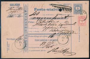 1877 5kr díjjegyes Posta-utalvány 5kr díjkiegészítéssel "ÚJPEST" - Budapest