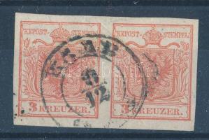 1850 3kr HP I pár látványos lemezhibával, kis papírránc "RAAB"