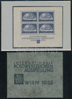 Ausztria 1933 WIPA blokk tokkal együtt, a beragasztásból származó ragasztónyomok szinte nem látszanak, a blokk a kereten 2 oldalon falcos. (Mi EUR 2.750.-)