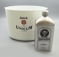 Zwack Uniqum műanyag jégtartó 33x23 cm + Jagermeister fém üvegtartó, m: 25 cm