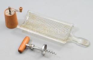 Üveg almareszelő + borsdaráló + dugóhúzó