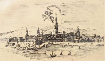 Jelzés nélkül: Angyal a város felett. Rézkarc, papír. 14x23,5 cm.