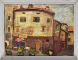 Tallós Ilona (1918-1991): Olasz étterem, 1972. Olaj, vászon, faroston, jelezve jobbra fent: Tallós 1972. Katalógusszám 112 és reprodukálva: Tüskés Anna: A festészet csendes hatalma, Tallós Ilona. Pécs, 2025, PTE Művészettörténet Tanszék Művészeti Kar, 156. o. 60×79 cm. Keretben.