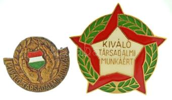 DN (~1960) "Kiváló Társadalmi Munkás" festett bronz jelvény (20x23,5mm) + "Kiváló Társadalmi Munkáért" aranyozott, műgyantás bronz jelvény (32x33mm) T:AU