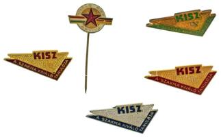 DN(~1960-1970) Magyar Kommunista Ifjúsági Szövetség "KISZ - A Szakma Kiváló Tanulója"  aranyozott, ezüstözött fém jelvények (3xklf, 4db: I. hely, II. hely és III. hely (2x)), (13x30mm) + "Kiváló KISZ Aktiva" zománcozott bronz kitűző (14x20mm) T:AU,XF