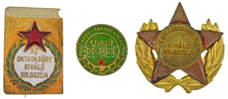 1953. "A Belkereskedelem Kiváló Dolgozója I" rátétes, részben aranyozott bronz jelvény (35x36mm) + DN(~1960) "Az Oktatásügy Kiváló Dolgozója" zománcozott bronz jelvény (24x30mm) + DN(1970-1980) "Országos Takarékpénztár - Kiváló Dolgozó" aranyozott, festett bronz jelvény (20mm) T:AU