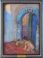 Tallós Ilona (1918-1991): Kék kapu (Oran, Algéria, kislány macskával). Olaj, karton, jelezve balra lent: Tallós. Reprodukálva: Tallós Ilona. H.n., 1997, DTPrint, 48 o. Katalógusszám nélkül. 50×35 cm. Keretben.