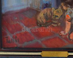 Tallós Ilona (1918-1991): Kék kapu (Oran, Algéria, kislány macskával). Olaj, karton, jelezve balra l...