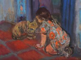 Tallós Ilona (1918-1991): Kék kapu (Oran, Algéria, kislány macskával). Olaj, karton, jelezve balra l...