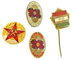 DN(~1960) "A Bányászat Kiváló Dolgozója" aranyozott, műgyantás miniatűr (19mm) + DN(~1970-1980) "Élenjáró Katona" műgyantás bronz jelvény (14x20mm) + "Kiváló Katona" műgyantás bronz jelvény (14x20mm) + DN "A Szakma Ifjú Mestere" zománcozott fém kitűző (17x17mm) T:AU,XF