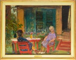 Tallós Ilona (1918-1991): Nyaralói hangulat (Zamárdi, Balaton). Olaj, farost, jelezve balra lent: Tallós. Katalógusszám nélkül. 60×80 cm. Keretben.