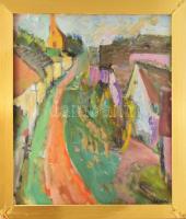 Tallós Ilona (1918-1991): Dunántúli falu, 1951. Olaj, vászon, kartonon, jelezve jobbra lent: Tallós 51. Katalógusszám nélkül. Keretben. 56,5x47,5 cm.