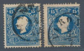 Ausztria - Lombardo-Venetia 1858/1859 15 soldi I és II típus, az utóbbi "szakadt pántlika" lemezhibával