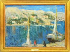 Tallós Ilona (1918-1991): Adriai öböl, 1957. Olaj, vászon, jelezve jobbra fent: Tallós 957. Katalógusszám 55 és reprodukálva: Tüskés Anna: A festészet csendes hatalma, Tallós Ilona. Pécs, 2025, PTE Művészettörténet Tanszék Művészeti Kar, 117. o. Reprodukálva: Tallós Ilona. H.n., 1997, DTPrint, 33. o. Keretben. 50×70 cm.