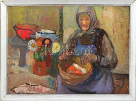 Tallós Ilona (1918-1991): Öregasszony, 1983. Olaj, farost, jelezve jobbra fent: Tallós 1983. Katalógusszám 133 és reprodukálva: Tüskés Anna: A festészet csendes hatalma, Tallós Ilona. Pécs, 2025, PTE Művészettörténet Tanszék Művészeti Kar, 172. o. Keretben. 65×90 cm.