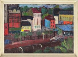 Tallós Ilona (1918-1991): Zakatoló vonat, 1970-es évek eleje. Olaj, vászon, faroston, jelezve jobbra lent: Tallós. Katalógusszám nélkül. Keretben. 50x70 cm.