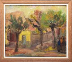 Tallós Ilona (1918-1991): Falusi utca nyáron, 1957. Olaj, vászon, jelezve balra Lent: Tallós 57. Katalógusszám 50 és reprodukálva: Tüskés Anna: A festészet csendes hatalma, Tallós Ilona. Pécs, 2025, PTE Művészettörténet Tanszék Művészeti Kar, 114. o. Keretben. 50×60 cm.